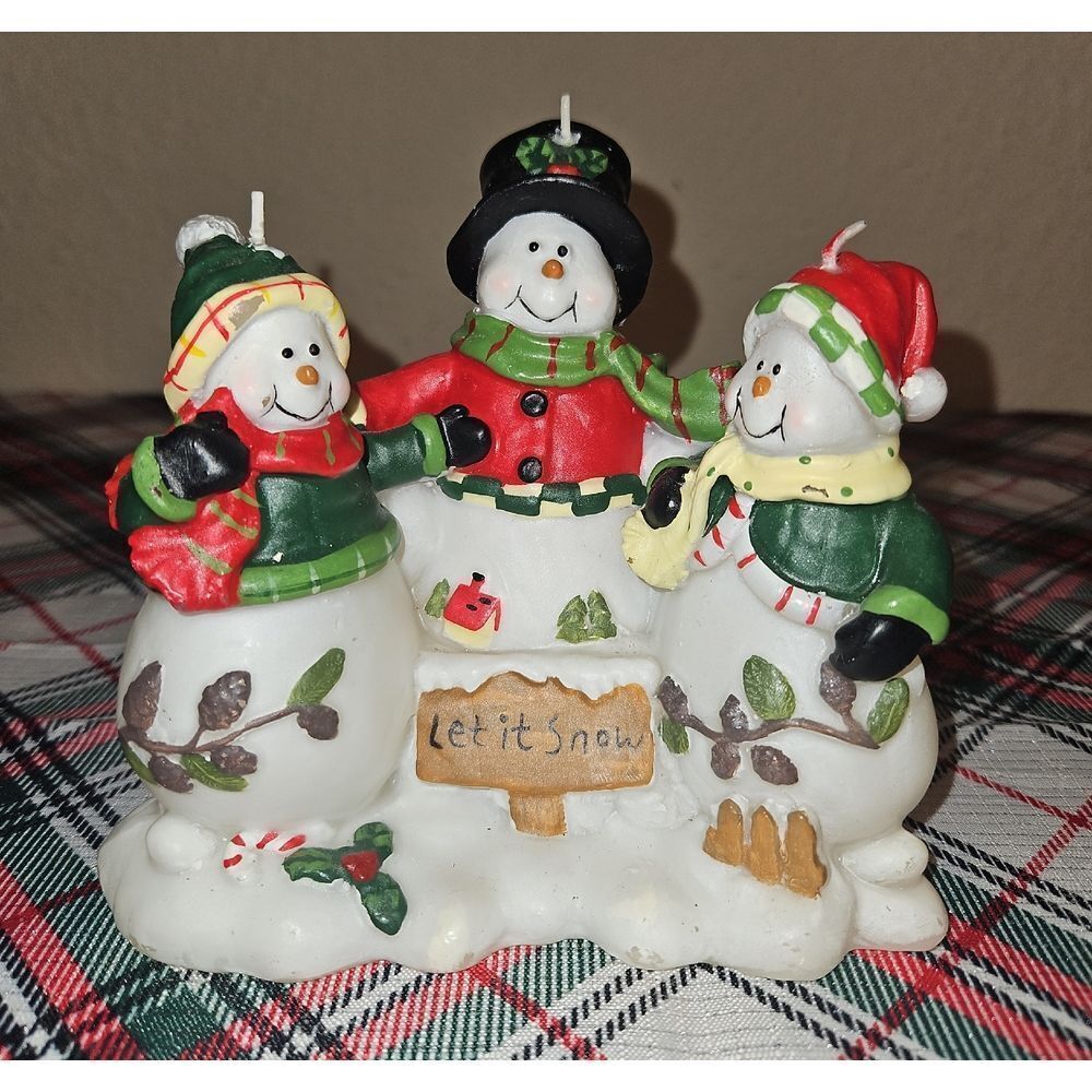 Adorable Festive "Let It Snow" Snowman Trio Candle